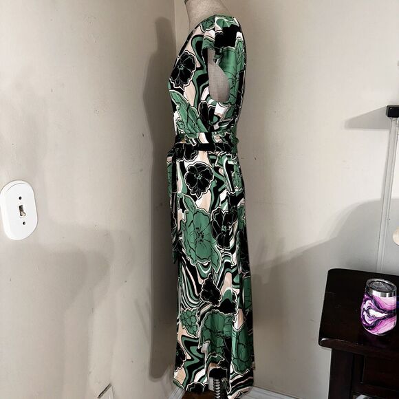 NWT Anne Klein Floral Green Black White Belted Midi Dress Women's Size 4 $139 - Picture 7 of 15